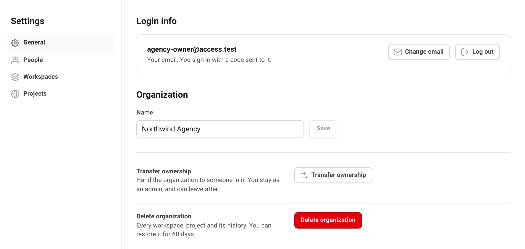 Settings → General for the owner: login info, the organization's name, and the Transfer ownership and Delete organization actions.
