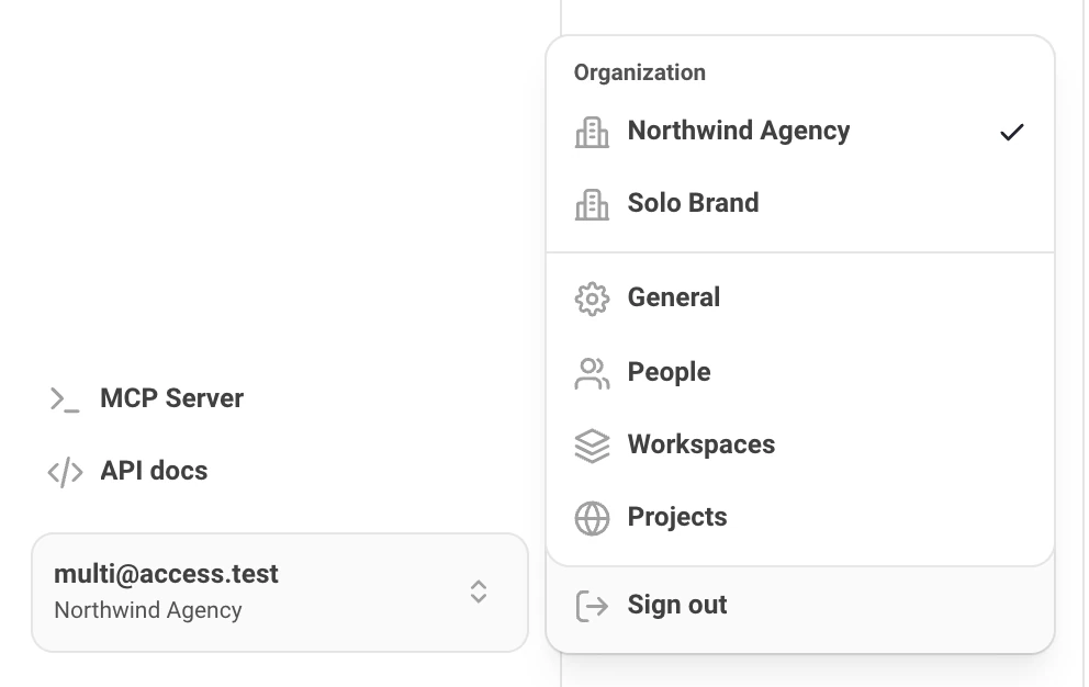 The account menu at the bottom of the sidebar, with an Organization block listing Northwind Agency (ticked) and Solo Brand above the links to General, People, Workspaces and Projects.